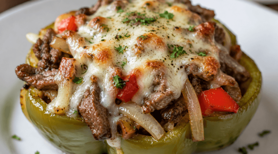 Close-up front view of cheesy steak stuffed peppers topped with melted provolone cheese, sautéed onions, and tender beef for a low-carb Philly cheesesteak dinner.