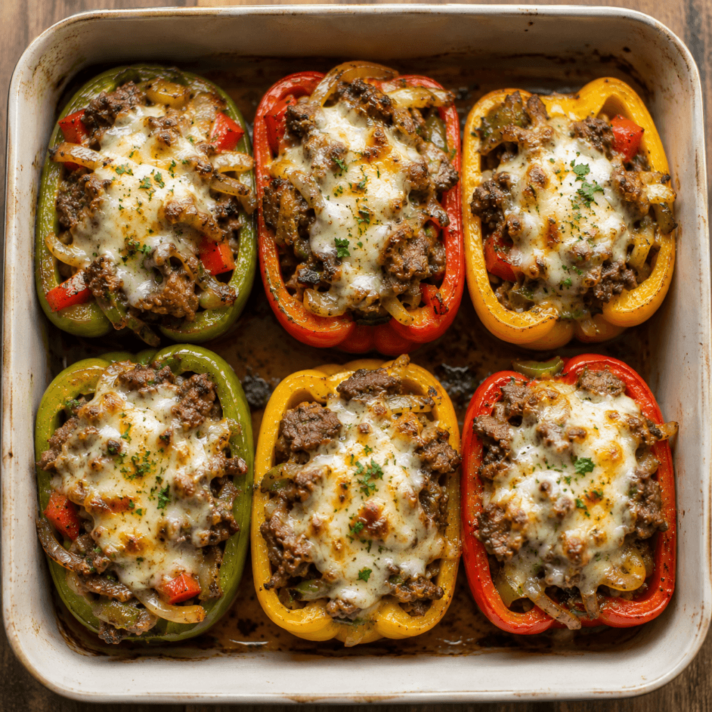 Top view of baked cheese steak stuffed peppers in a casserole dish with melted cheese, steak, onions, and colorful bell peppers.