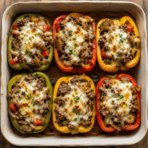 Top view of baked cheese steak stuffed peppers in a casserole dish with melted cheese, steak, onions, and colorful bell peppers.
