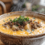 Close-up of creamy cheeseburger soup topped with seasoned ground beef, crispy bacon, potatoes, melted cheddar cheese, and fresh parsley in a rustic bowl.