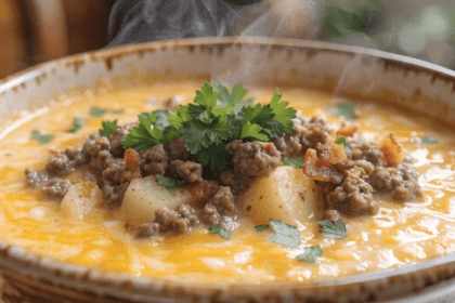 Close-up of creamy cheeseburger soup topped with seasoned ground beef, crispy bacon, potatoes, melted cheddar cheese, and fresh parsley in a rustic bowl.