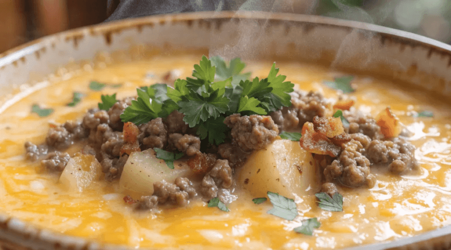 Close-up of creamy cheeseburger soup topped with seasoned ground beef, crispy bacon, potatoes, melted cheddar cheese, and fresh parsley in a rustic bowl.
