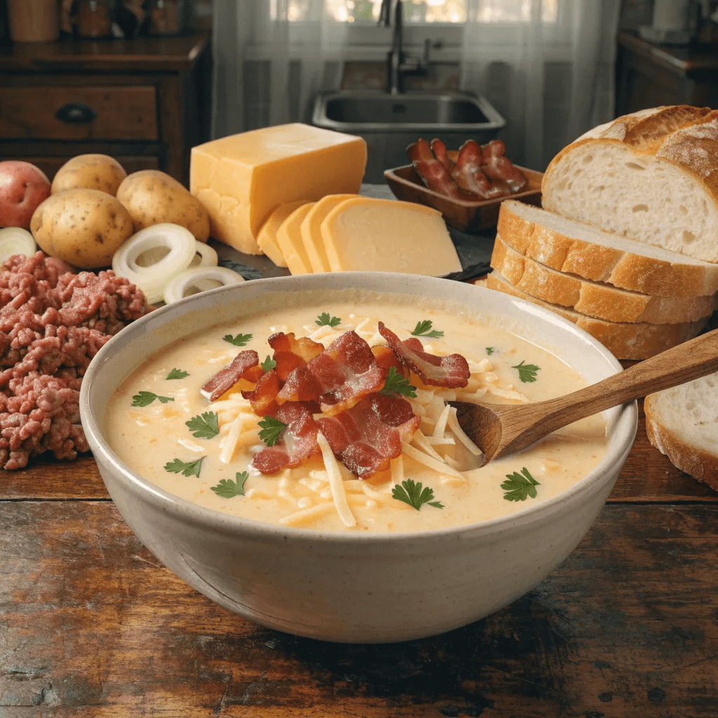 Front view of creamy cheeseburger soup with bacon, shredded cheese, potatoes, and rustic bread surrounded by fresh ingredients on a wooden table.