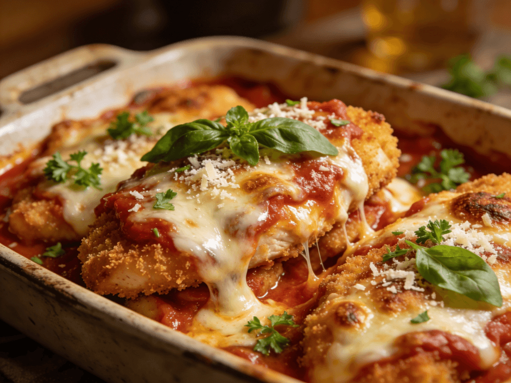 Cheesy Chicken Parmesan Casserole baked with crispy breaded chicken, marinara sauce, melted mozzarella, and parmesan cheese in a casserole dish.