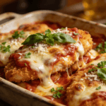 Cheesy Chicken Parmesan Casserole baked with crispy breaded chicken, marinara sauce, melted mozzarella, and parmesan cheese in a casserole dish.