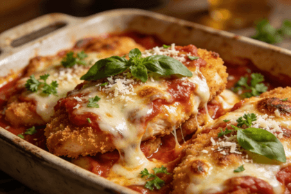 Cheesy Chicken Parmesan Casserole baked with crispy breaded chicken, marinara sauce, melted mozzarella, and parmesan cheese in a casserole dish.