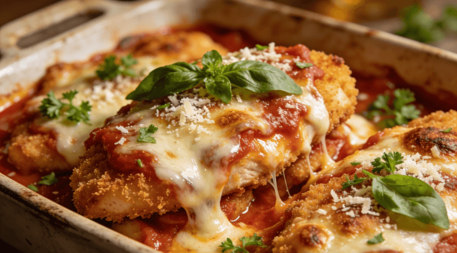 Cheesy Chicken Parmesan Casserole baked with crispy breaded chicken, marinara sauce, melted mozzarella, and parmesan cheese in a casserole dish.