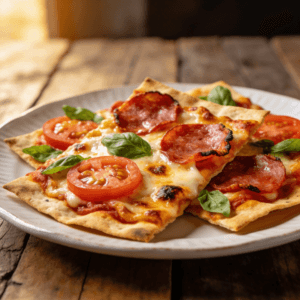Crispy cheesy potato pancakes topped with melted cheese, tomatoes, and herbs on a plate