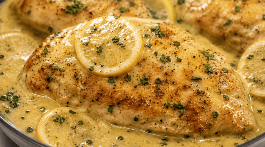 Close-up of creamy Chicken Limone with golden chicken breast, lemon slices, parsley, and rich lemon cream sauce.
