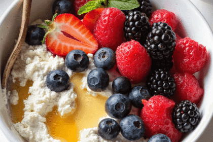 A protein-packed cottage cheese berry bowl topped with fresh strawberries, blueberries, raspberries, blackberries, and a drizzle of honey, served in a white bowl.
