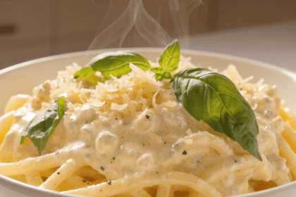Close-up front view of creamy cottage cheese pasta topped with parmesan cheese, black pepper, and fresh basil in a white bowl.