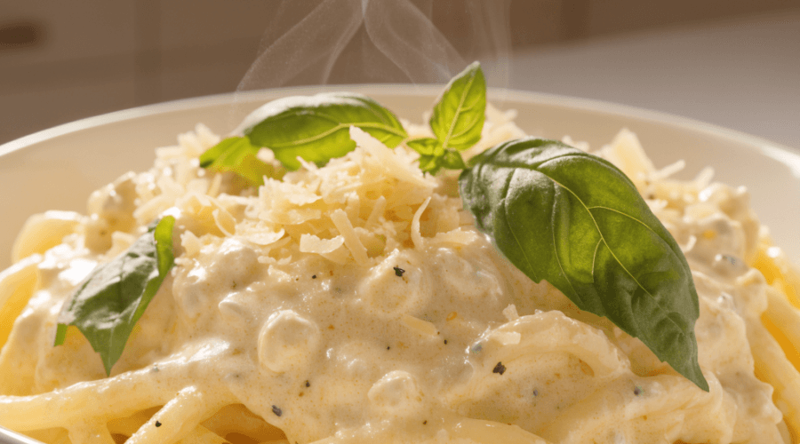 Close-up front view of creamy cottage cheese pasta topped with parmesan cheese, black pepper, and fresh basil in a white bowl.
