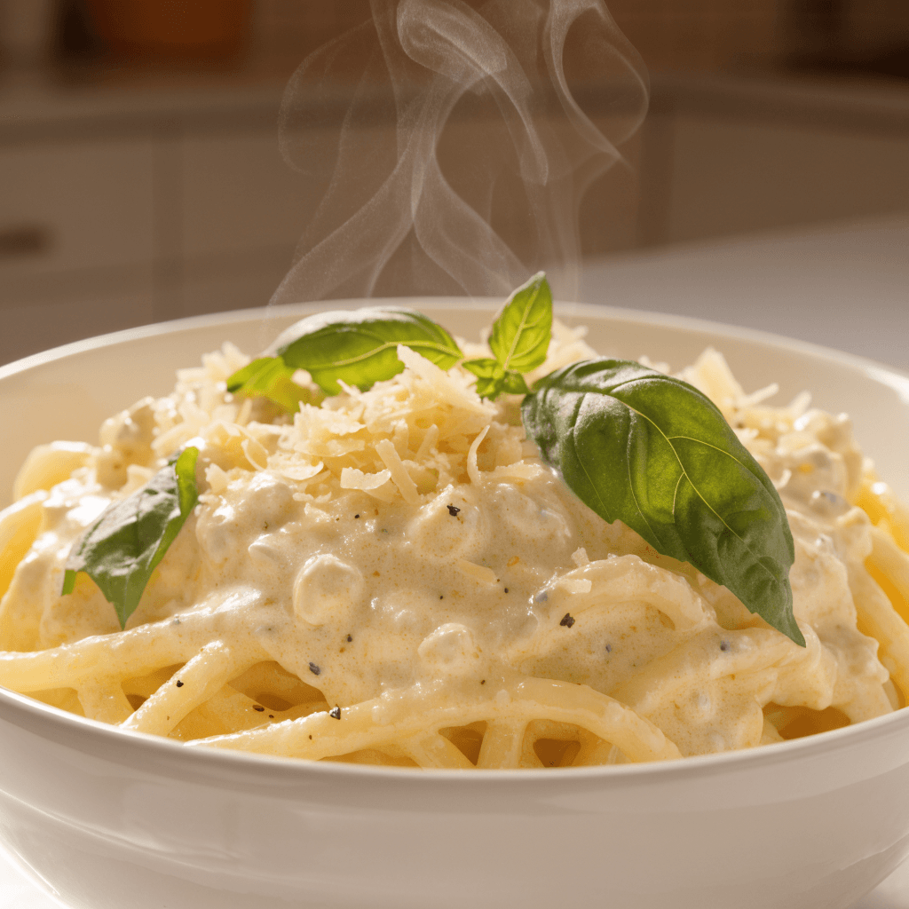 Close-up front view of creamy cottage cheese pasta topped with parmesan cheese, black pepper, and fresh basil in a white bowl.