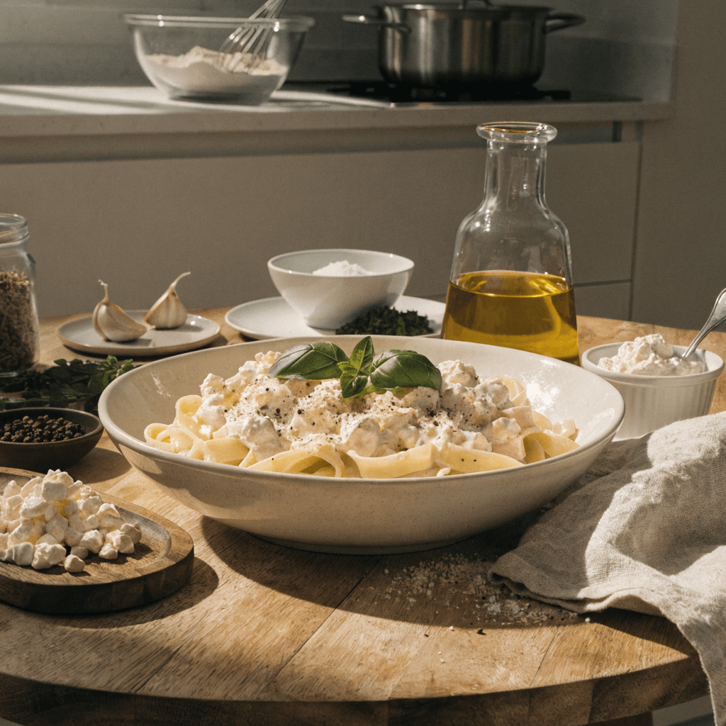 Zoomed-out front view of creamy cottage cheese pasta with parmesan, basil, garlic, and fresh ingredients on a rustic dinner table.