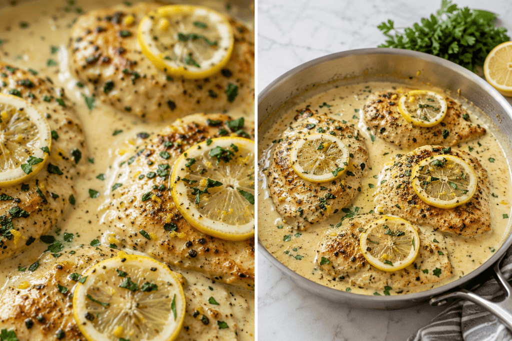 Zoomed-out view of creamy lemon chicken in a skillet with seared chicken breasts, lemon slices, parsley, and garlic cream sauce.