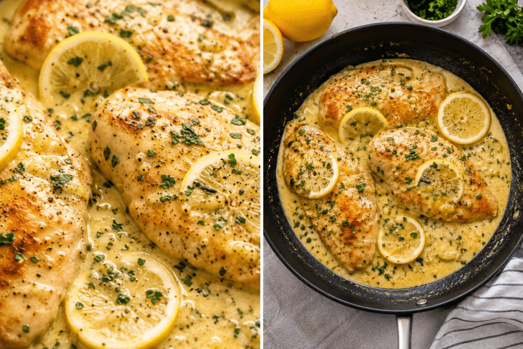 Creamy Easy Chicken Limone in a skillet with golden seared chicken breasts, lemon slices, and rich garlic lemon sauce garnished with parsley.