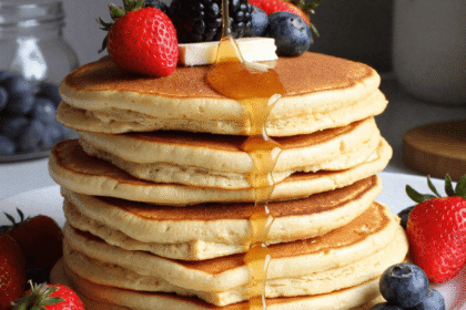 Stack of fluffy protein pancakes topped with fresh berries and banana slices, drizzled with maple syrup