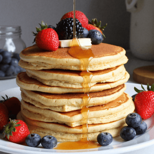Stack of fluffy protein pancakes topped with fresh berries and banana slices, drizzled with maple syrup