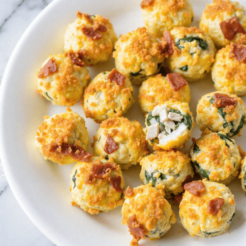 High protein egg bites with spinach and bacon on a white plate, perfect for low-carb meal prep breakfasts.