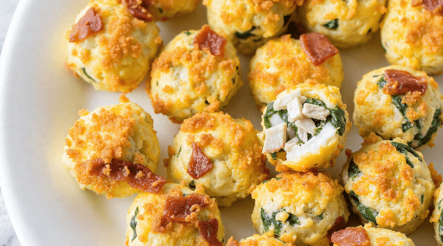 High protein egg bites with spinach and bacon on a white plate, perfect for low-carb meal prep breakfasts.