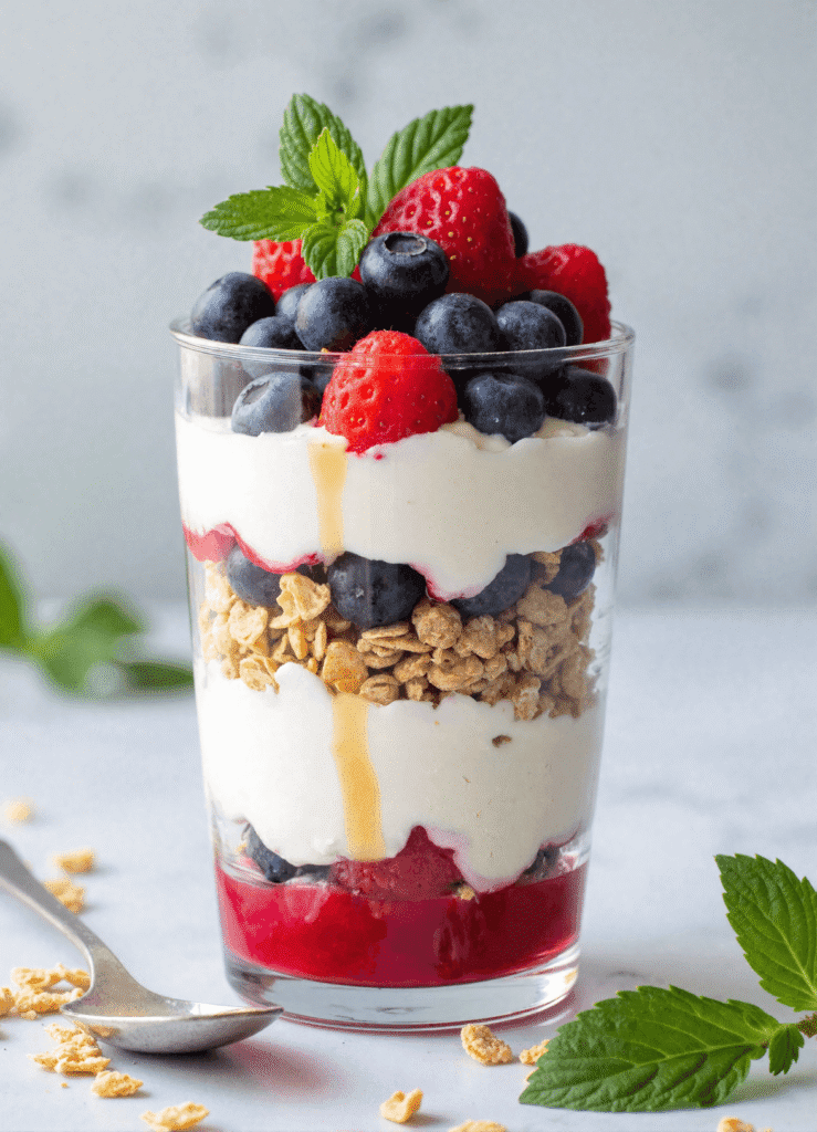 High protein Greek yogurt parfait layered with fresh blueberries, strawberries, and crunchy granola in a clear glass with mint garnish