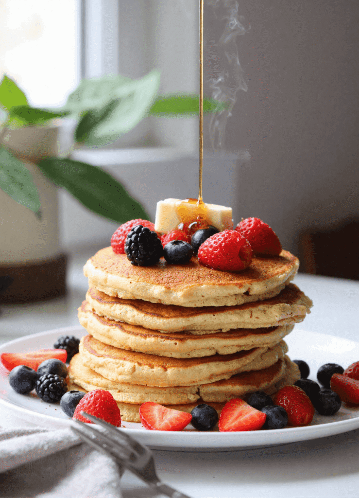 Stack of high protein pancakes with syrup drizzle and assorted berries on top of melted butter