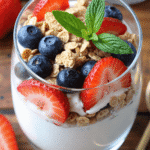 Layered high protein Greek yogurt parfait with blueberries, strawberries, granola, and honey drizzle in a tall glass