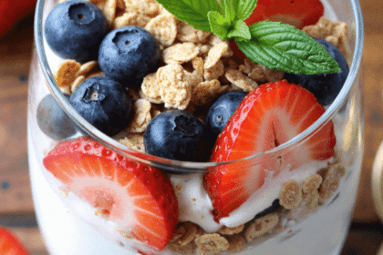 Layered high protein Greek yogurt parfait with blueberries, strawberries, granola, and honey drizzle in a tall glass