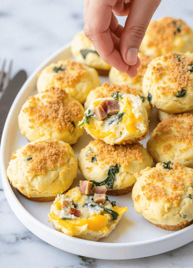 Meal prep ham and cheddar egg bites with spinach on a serving dish, ideal for clean eating and high-protein breakfasts.