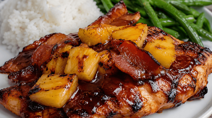 Grilled pineapple BBQ chicken topped with crispy beef bacon and caramelized pineapple chunks, served with rice and green beans for a quick sweet smoky dinner.