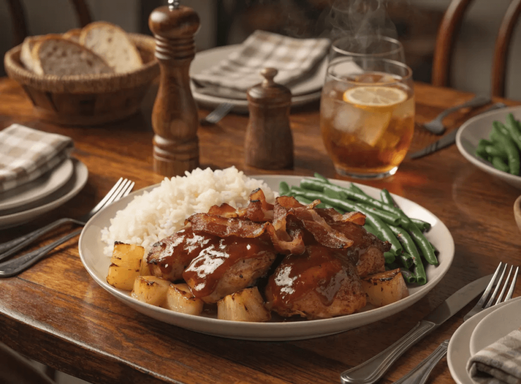 Zoomed-out view of pineapple BBQ chicken with crispy beef bacon, grilled pineapple, rice, and green beans served on a rustic dinner table.