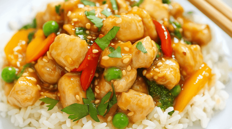 Savory sweet chicken stir fry with tender chicken pieces, bell peppers, and snap peas coated in a glossy soy-honey sauce—served over jasmine rice for a flavorful, high-protein meal.