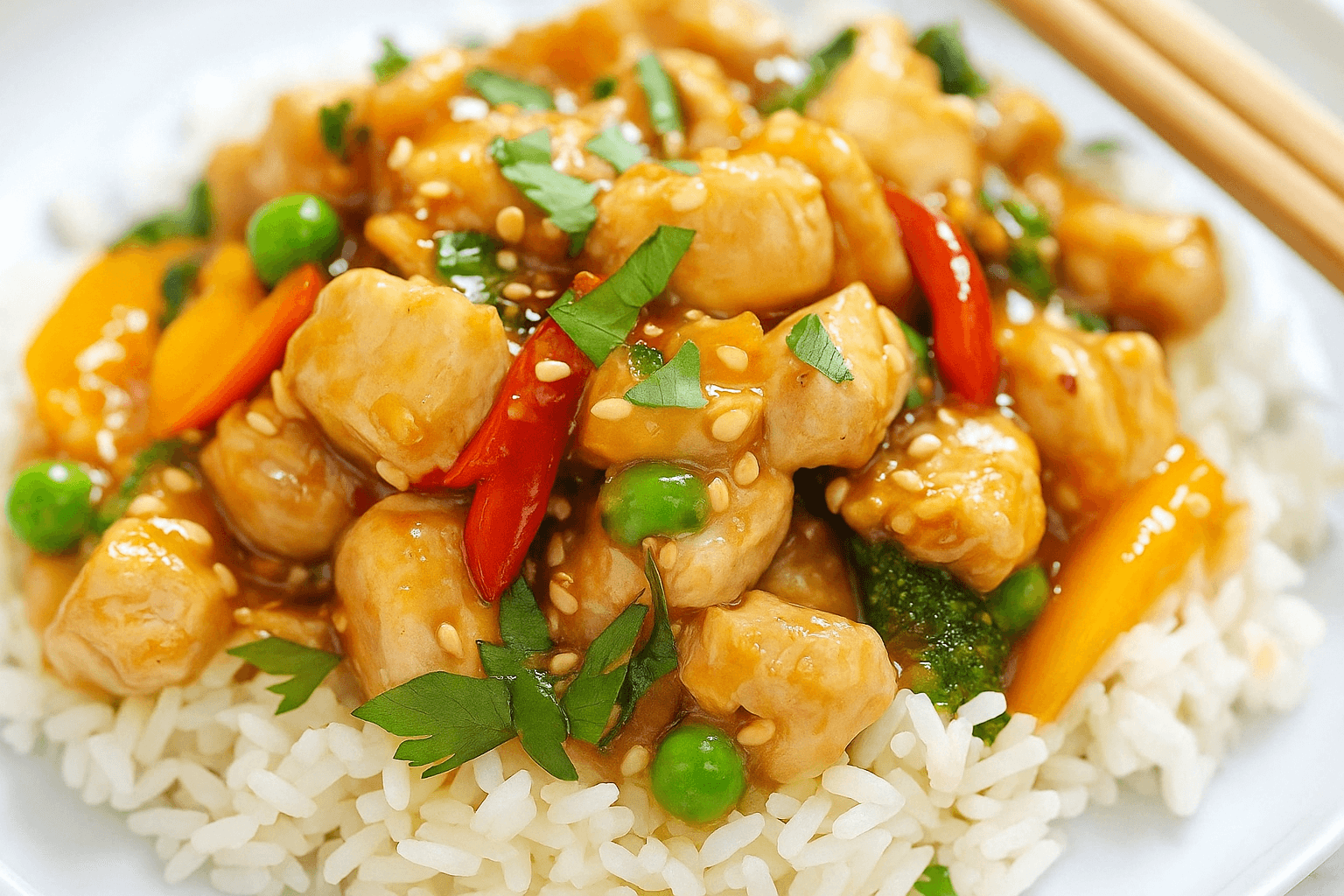 Savory sweet chicken stir fry with tender chicken pieces, bell peppers, and snap peas coated in a glossy soy-honey sauce—served over jasmine rice for a flavorful, high-protein meal.