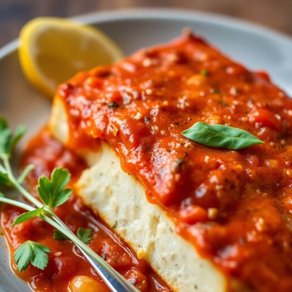 Crispy baked tofu slices layered with marinara sauce and melted mozzarella, served as a plant-based twist on classic parmigiana—perfect for a high-protein vegetarian meal.