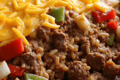 Image of a Southern beef and rice casserole in a baking dish with ground beef, rice, bell peppers, onions, and melted cheddar cheese, served hot in a rustic kitchen setting.