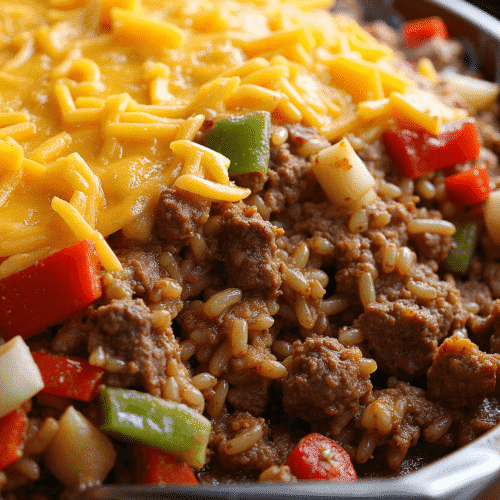 Image of a Southern beef and rice casserole in a baking dish with ground beef, rice, bell peppers, onions, and melted cheddar cheese, served hot in a rustic kitchen setting.