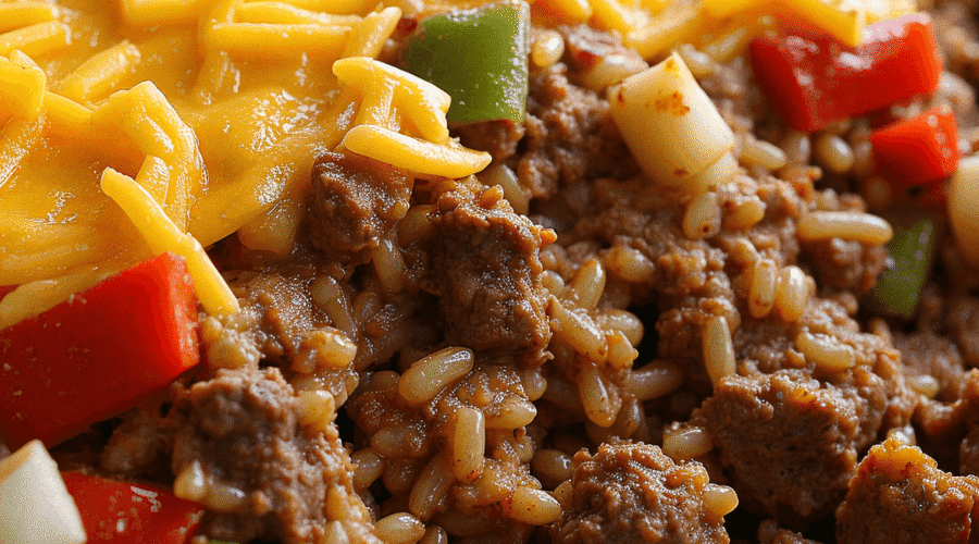 Image of a Southern beef and rice casserole in a baking dish with ground beef, rice, bell peppers, onions, and melted cheddar cheese, served hot in a rustic kitchen setting.