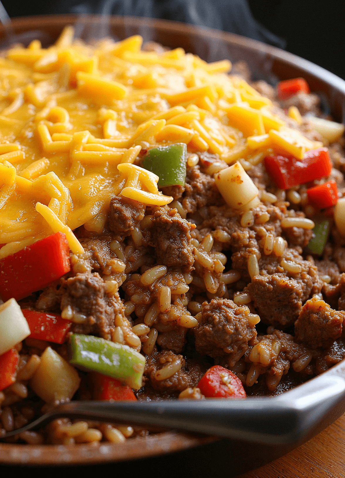 Image of a Southern beef and rice casserole in a baking dish with ground beef, rice, bell peppers, onions, and melted cheddar cheese, served hot in a rustic kitchen setting.