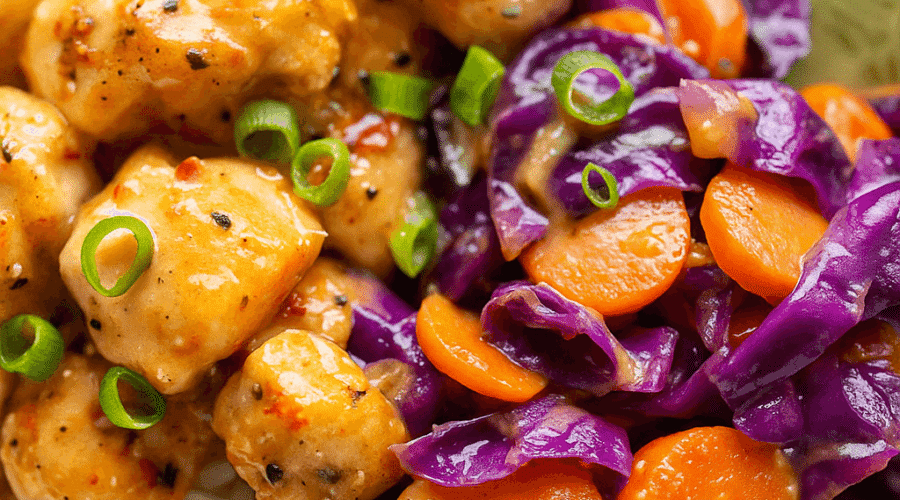 A close-up of juicy Bang Bang Chicken Bites coated in spicy-sweet sauce, surrounded by sautéed carrots and purple cabbage on a bed of white rice.