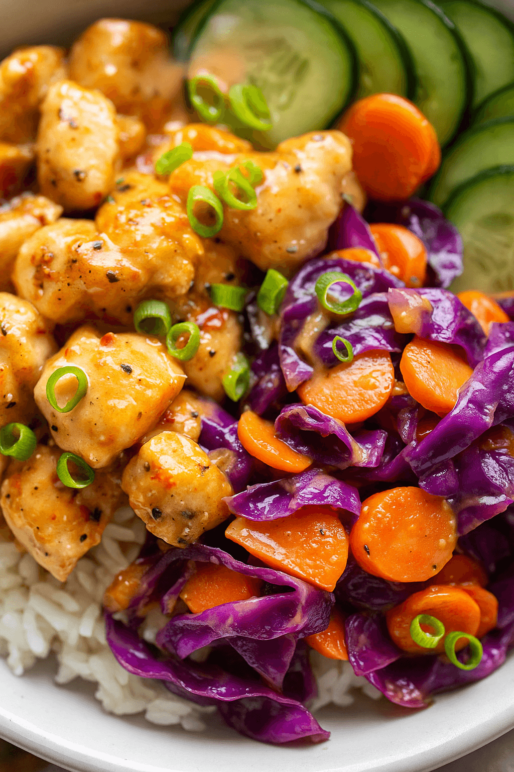 A close-up of juicy Bang Bang Chicken Bites coated in spicy-sweet sauce, surrounded by sautéed carrots and purple cabbage on a bed of white rice.