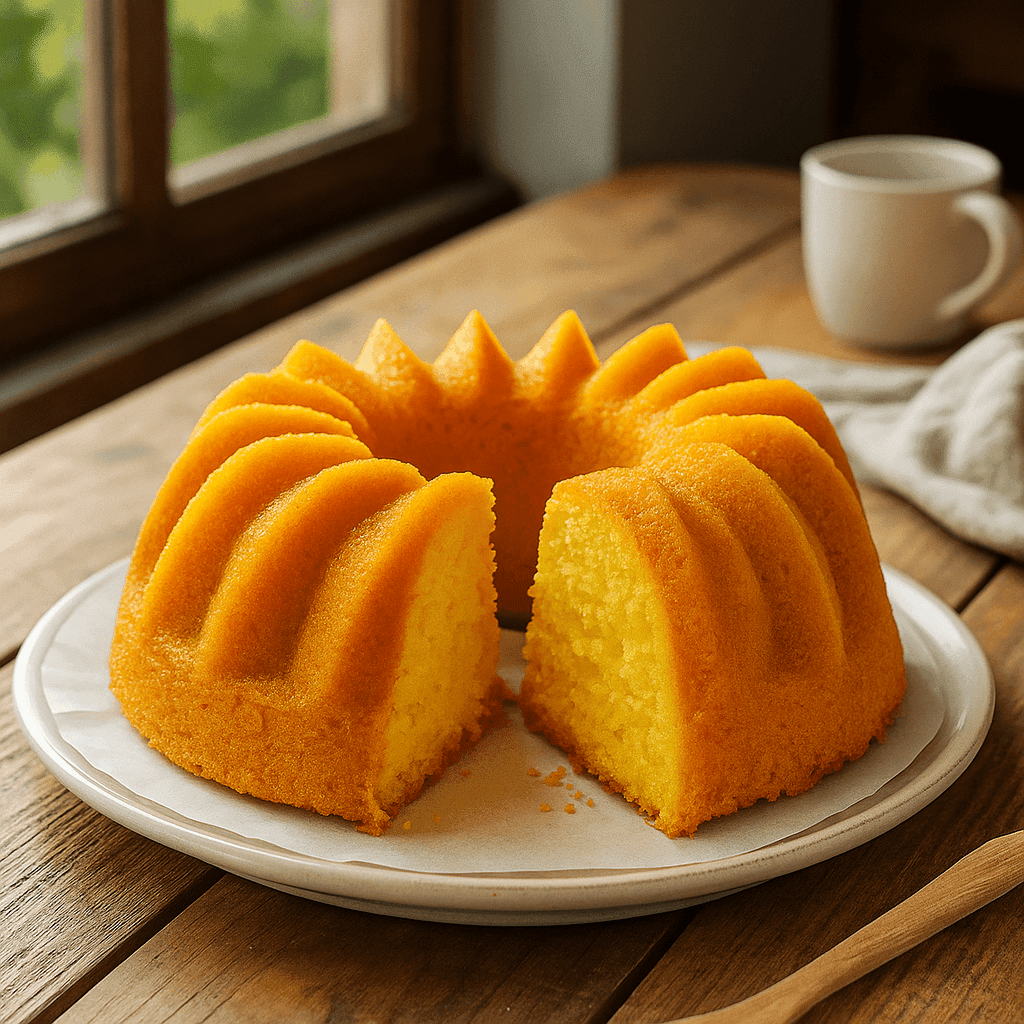A freshly baked eggless mango bundt cake on a white plate, sitting on a rustic wooden table by a window, with warm lighting and a coffee mug in the background.
