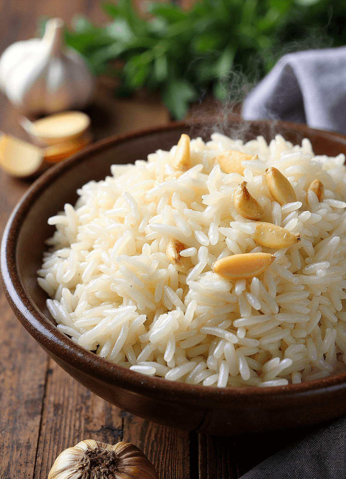 Fluffy garlic jasmine rice served in a bowl with golden fried garlic on top, styled on a rustic table – recipe by readyprepmeals