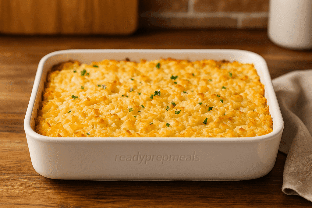 A golden-baked Hashbrown Casserole, also known as Funeral Potatoes, number 5 on in my southern casseroles that freeze well list.