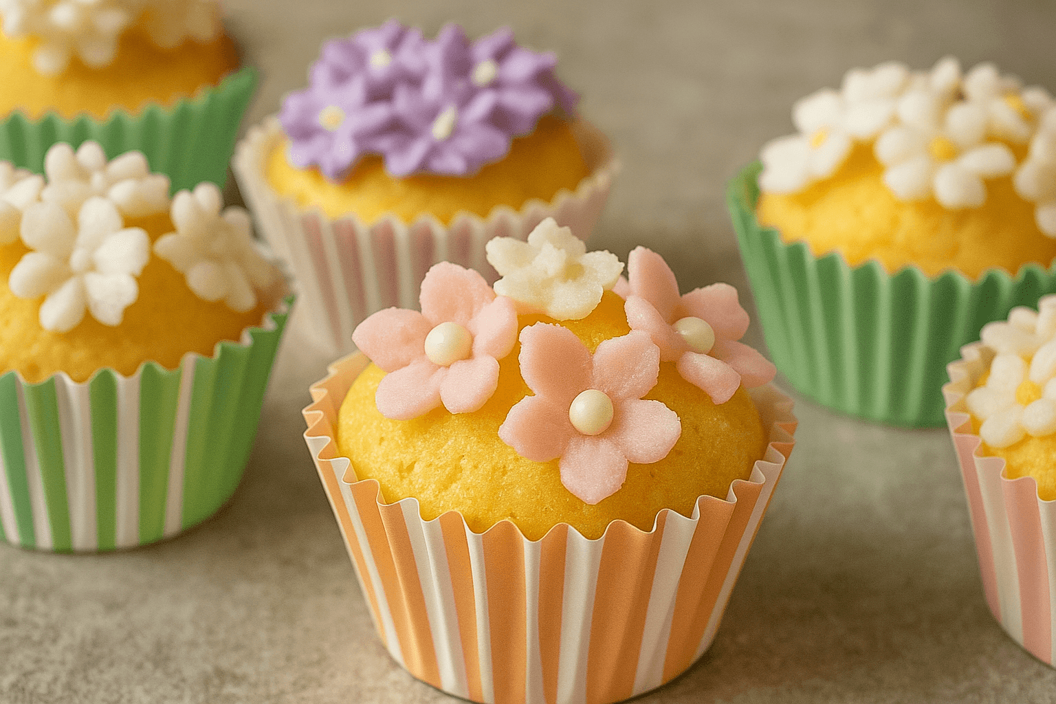 A top view of freshly baked Hokkaido chiffon cupcakes decorated with pastel flower icing, placed in colorful cupcake liners on a black ceramic plate.