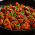 Sticky honey garlic chicken thighs glazed in a sweet and savory sauce, garnished with sesame seeds and green onions—served with steamed rice for a flavorful, high-protein dinner.