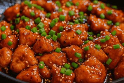 Sticky honey garlic chicken thighs glazed in a sweet and savory sauce, garnished with sesame seeds and green onions—served with steamed rice for a flavorful, high-protein dinner.