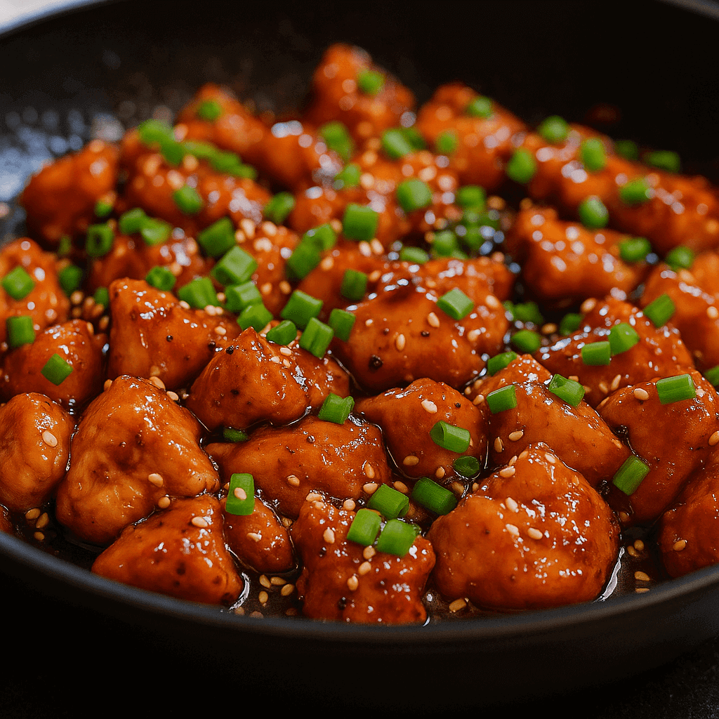 Sticky honey garlic chicken thighs glazed in a sweet and savory sauce, garnished with sesame seeds and green onions—served with steamed rice for a flavorful, high-protein dinner.