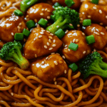 Stir-fried chicken teriyaki noodles with tender chicken, vegetables, and glossy teriyaki sauce—served in a bowl and topped with sesame seeds and green onions for a savory, high-protein meal.
