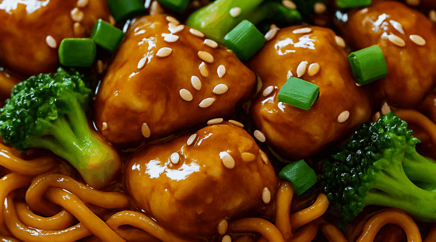 Stir-fried chicken teriyaki noodles with tender chicken, vegetables, and glossy teriyaki sauce—served in a bowl and topped with sesame seeds and green onions for a savory, high-protein meal.