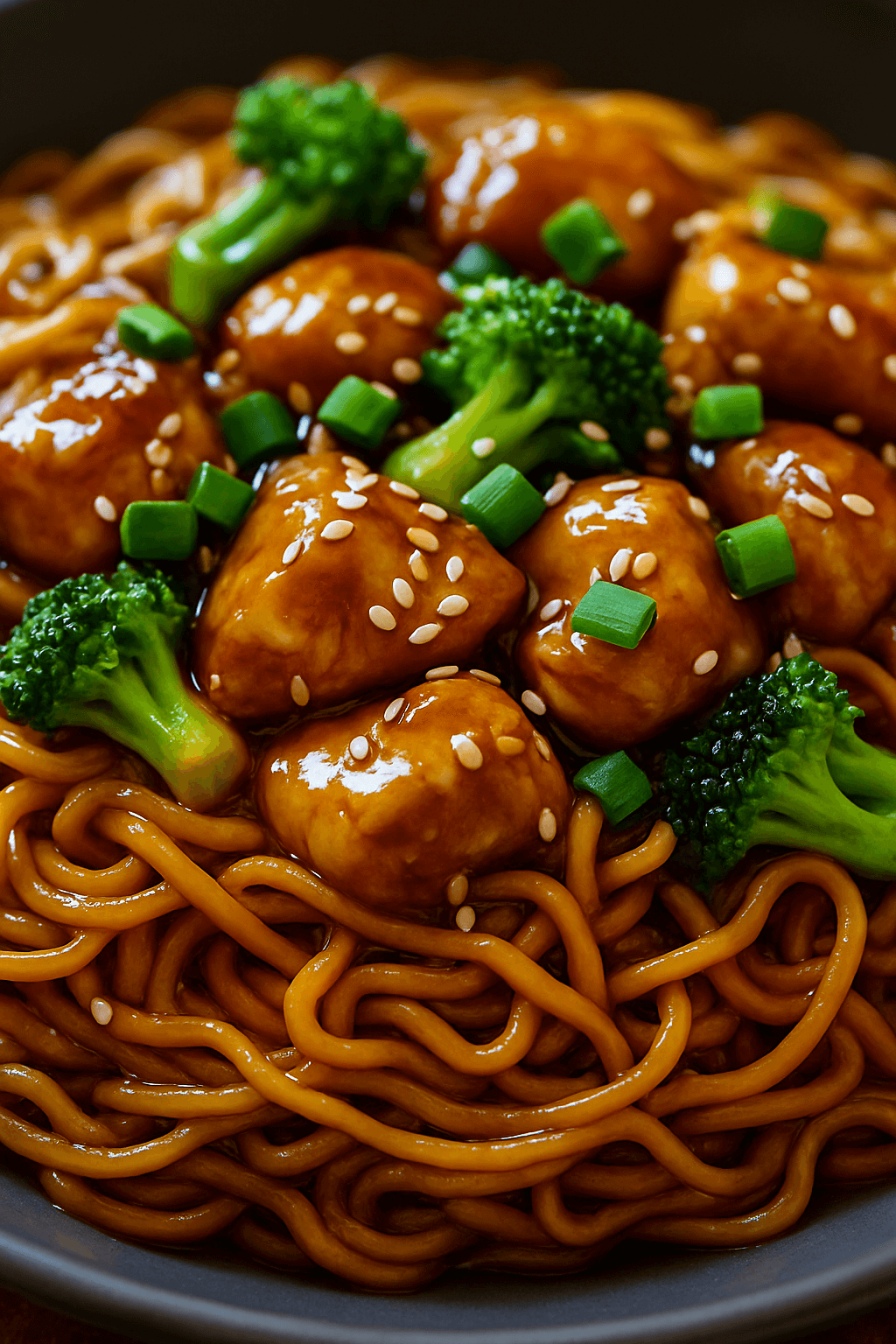 Stir-fried chicken teriyaki noodles with tender chicken, vegetables, and glossy teriyaki sauce—served in a bowl and topped with sesame seeds and green onions for a savory, high-protein meal.